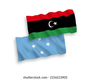 Banderas de ondulación de tela vectorial nacional de los Estados Federados de Micronesia y Libia aisladas de fondo blanco. de 1 a 2.