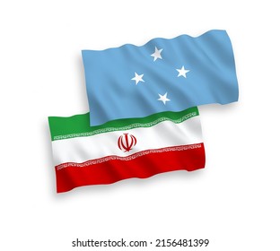 National vector fabric wave flags of Federated States of Micronesia and Iran isolated on white background. 1 to 2 proportion.