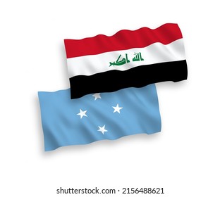 National vector fabric wave flags of Federated States of Micronesia and Iraq isolated on white background. 1 to 2 proportion.