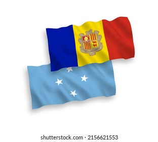 Banderas de olas de tela vectorial nacionales de los Estados Federados de Micronesia y Andorra aisladas en fondo blanco. de 1 a 2.