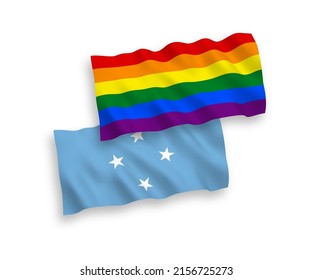 National vector fabric wave flags of Federated States of Micronesia and Rainbow gay pride isolated on white background. 1 to 2 proportion.