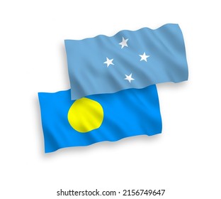 Banderas de ondulación de tela vectorial nacional de los Estados Federados de Micronesia y Palau aisladas en fondo blanco. de 1 a 2.