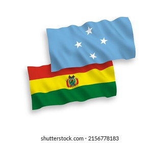 Banderas de ondulación de tela vectorial nacional de los Estados Federados de Micronesia y Bolivia aisladas de fondo blanco. de 1 a 2.