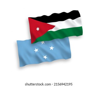 Banderas de ondulación de tejidos vectoriales nacionales de los Estados Federados de Micronesia y el Reino Hachemita de Jordania aisladas sobre fondo blanco. de 1 a 2.