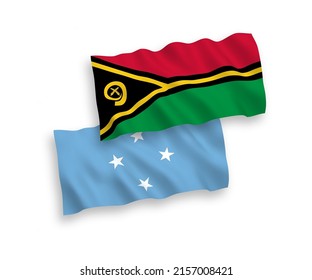 National vector fabric wave flags of Federated States of Micronesia and Republic of Vanuatu isolated on white background. 1 to 2 proportion.