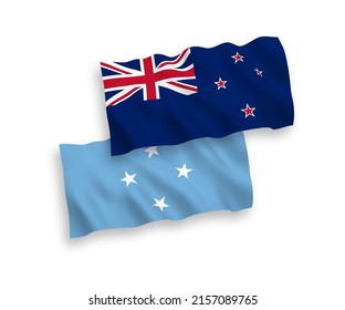 National vector fabric wave flags of Federated States of Micronesia and New Zealand isolated on white background. 1 to 2 proportion.