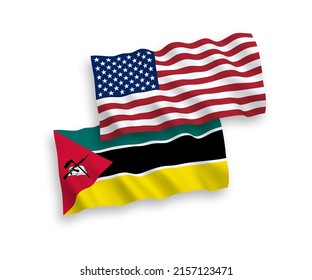 National vector fabric wave flags of Republic of Mozambique and USA isolated on white background. 1 to 2 proportion.