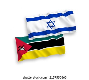National vector fabric wave flags of Republic of Mozambique and Israel isolated on white background. 1 to 2 proportion.