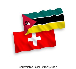 Nationale Vektor-Wellen-Flaggen der Republik Mosambik und der Schweiz einzeln auf weißem Hintergrund. 1 bis 2 %.