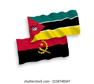 National vector fabric wave flags of Republic of Mozambique and Angola isolated on white background. 1 to 2 proportion.