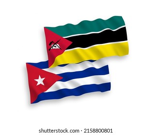 National vector fabric wave flags of Republic of Mozambique and Cuba isolated on white background. 1 to 2 proportion.