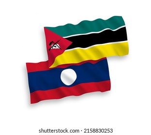 National vector fabric wave flags of Republic of Mozambique and Laos isolated on white background. 1 to 2 proportion.