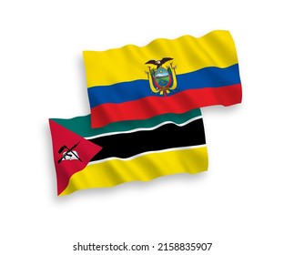 National vector fabric wave flags of Republic of Mozambique and Ecuador isolated on white background. 1 to 2 proportion.
