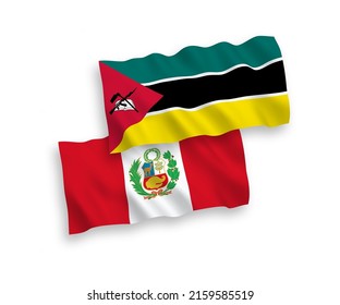 National vector fabric wave flags of Republic of Mozambique and Peru isolated on white background. 1 to 2 proportion.