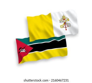 National vector fabric wave flags of Republic of Mozambique and Vatican isolated on white background. 1 to 2 proportion.