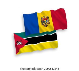 National vector fabric wave flags of Republic of Mozambique and Moldova isolated on white background. 1 to 2 proportion.