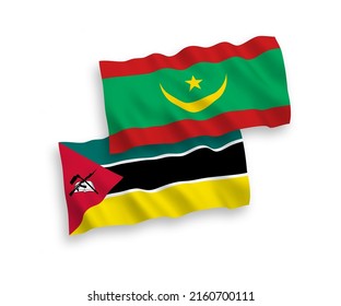 Banderas de ondulación de tela vectorial nacional de la República de Mozambique y la República Islámica de Mauritania aisladas de fondo blanco. de 1 a 2.