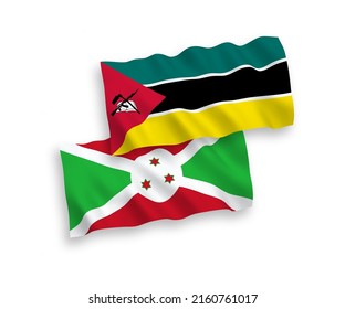 National vector fabric wave flags of Republic of Mozambique and Burundi isolated on white background. 1 to 2 proportion.