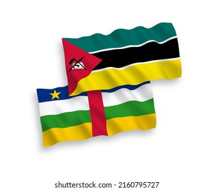 National vector fabric wave flags of Republic of Mozambique and Central African Republic isolated on white background. 1 to 2 proportion.