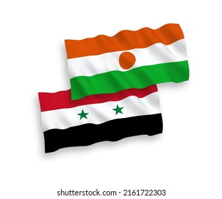 National vector fabric wave flags of Republic of the Niger and Syria isolated on white background. 1 to 2 proportion.