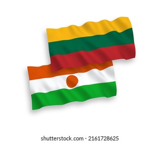 National vector fabric wave flags of Lithuania and Republic of the Niger isolated on white background. 1 to 2 proportion.