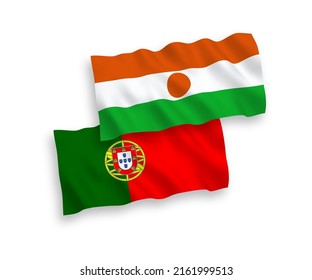 National vector fabric wave flags of Portugal and Republic of the Niger isolated on white background. 1 to 2 proportion.