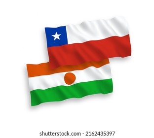 National vector fabric wave flags of Republic of the Niger and Chile isolated on white background. 1 to 2 proportion.