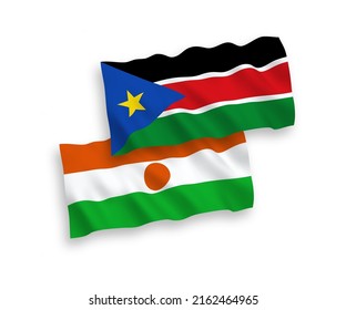 Banderas de olas de tela vectorial nacional de la República del Níger y la República de Sudán del Sur aisladas en fondo blanco. de 1 a 2.