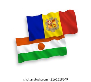 National vector fabric wave flags of Republic of the Niger and Andorra isolated on white background. 1 to 2 proportion.