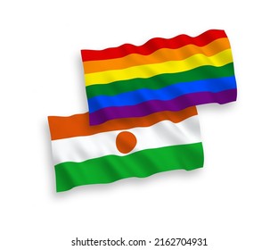 National vector fabric wave flags of Republic of the Niger and Rainbow gay pride isolated on white background. 1 to 2 proportion.