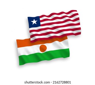 National vector fabric wave flags of Republic of the Niger and Liberia isolated on white background. 1 to 2 proportion.