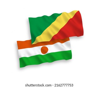 National vector fabric wave flags of Republic of the Niger and Republic of the Congo isolated on white background. 1 to 2 proportion.
