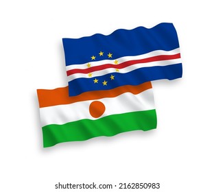 National vector fabric wave flags of Republic of the Niger and Republic of Cabo Verde isolated on white background. 1 to 2 proportion.