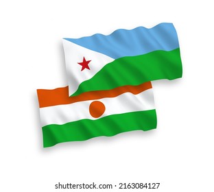 Banderas de ondulación de tela vectorial nacional de la República del Níger y la República de Djibouti aisladas de fondo blanco. de 1 a 2.