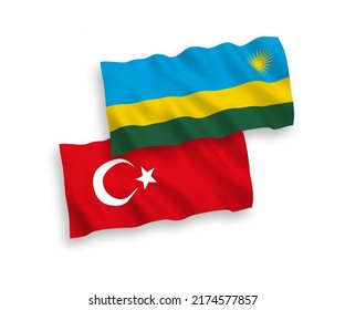 National vector fabric wave flags of Turkey and Republic of Rwanda isolated on white background. 1 to 2 proportion.