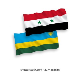 National vector fabric wave flags of Republic of Rwanda and Syria isolated on white background. 1 to 2 proportion.