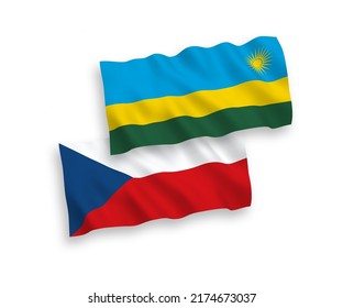 National vector fabric wave flags of Czech Republic and Republic of Rwanda isolated on white background. 1 to 2 proportion.