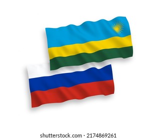 Nationale Vektor-Wellen-Flaggen der Republik Ruanda und Russlands einzeln auf weißem Hintergrund. 1 bis 2 %.