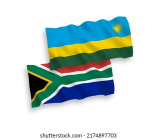 National vector fabric wave flags of Republic of Rwanda and Republic of South Africa isolated on white background. 1 to 2 proportion.