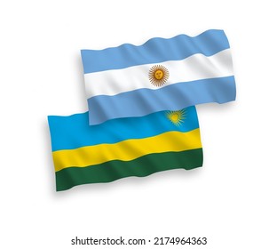 National vector fabric wave flags of Republic of Rwanda and Argentina isolated on white background. 1 to 2 proportion.