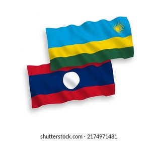 National vector fabric wave flags of Republic of Rwanda and Laos isolated on white background. 1 to 2 proportion.
