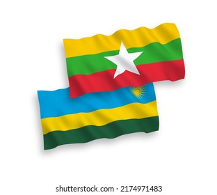 National vector fabric wave flags of Republic of Rwanda and Myanmar isolated on white background. 1 to 2 proportion.