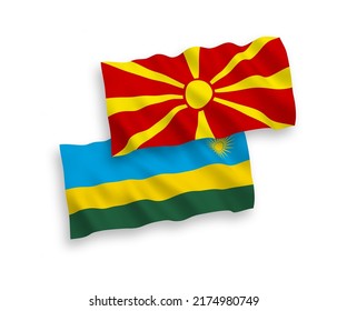 National vector fabric wave flags of Republic of Rwanda and North Macedonia isolated on white background. 1 to 2 proportion.