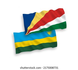 National vector fabric wave flags of Republic of Rwanda and Seychelles isolated on white background. 1 to 2 proportion.
