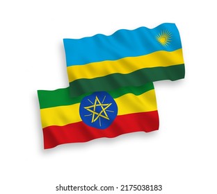 Banderas de olas de tela vectorial nacional de la República de Rwanda y Etiopía aisladas en fondo blanco. de 1 a 2.