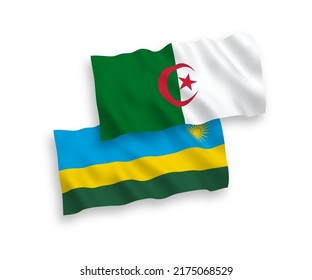 National vector fabric wave flags of Republic of Rwanda and Algeria isolated on white background. 1 to 2 proportion.