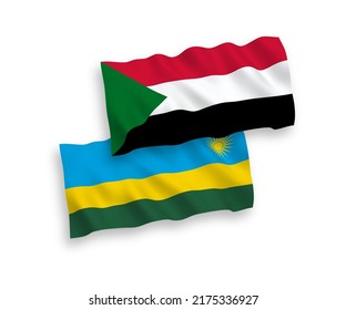 National vector fabric wave flags of Republic of Rwanda and Sudan isolated on white background. 1 to 2 proportion.