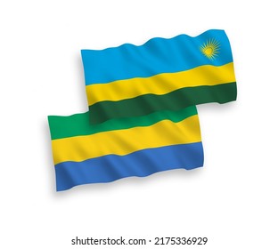 National vector fabric wave flags of Republic of Rwanda and Gabon isolated on white background. 1 to 2 proportion.