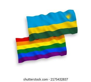 National vector fabric wave flags of Republic of Rwanda and Rainbow gay pride isolated on white background. 1 to 2 proportion.