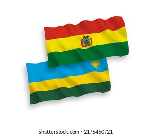 National vector fabric wave flags of Republic of Rwanda and Bolivia isolated on white background. 1 to 2 proportion.